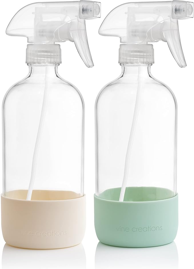 Vine Creations Glass Spray Bottles for Cleaning Solutions, Clear Glass Spray Bottle with Silicone Sleeve, 16 oz Empty Spray Bottles for Cleaning, Plant Spray Bottle, Mist and Stream Nozzle - 2 Pack