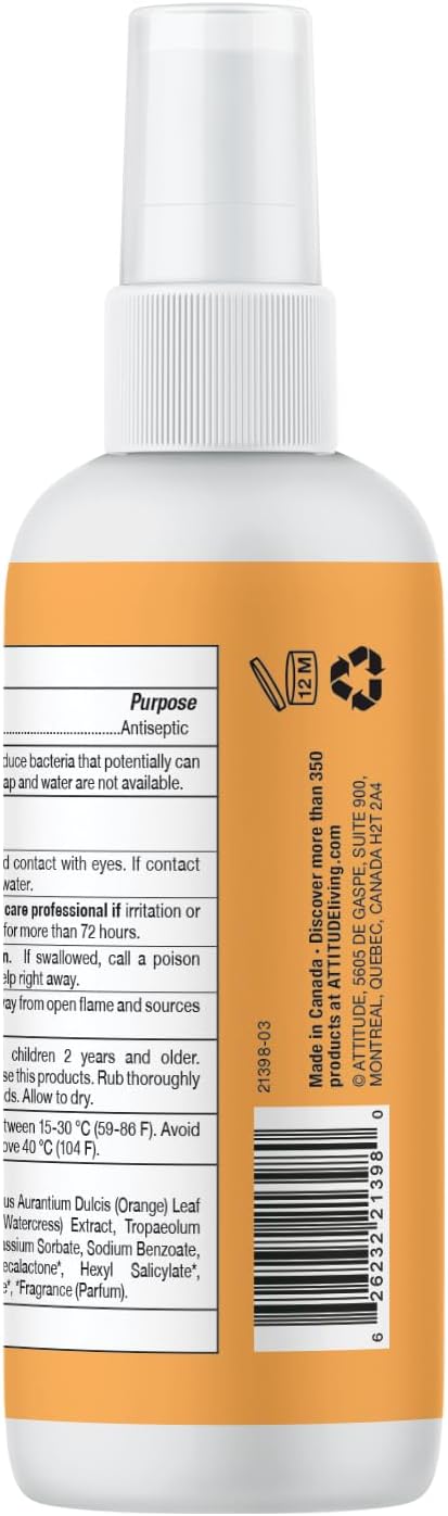 ATTITUDE Hand Sanitizer Spray for Adults and Kids, EWG Verified, Kills Bacteria and Germs, Vegan, Orange Blossom & Eucalyptus, 3.38 Fl Oz (Spray Bottle)