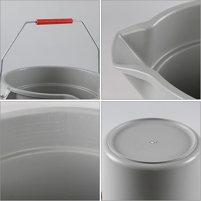 14 Quart Plastic Round Cleaning Pail, 3.5 Gallon Bucket with Built-in Spout and Handle, Gray, 4 Packs