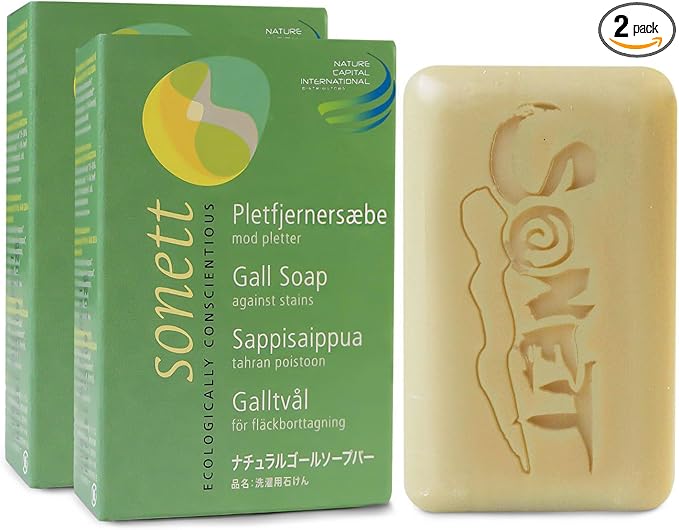 Sonett Organic Bar Stain Remover For Clothes- Concentrated Laundry Stain Remover Detergent Gall Soap For Deep Cleaning- Highly Effective Against Ink, Blood, Grease, Fruit Stains- 4oz, Pack of 2