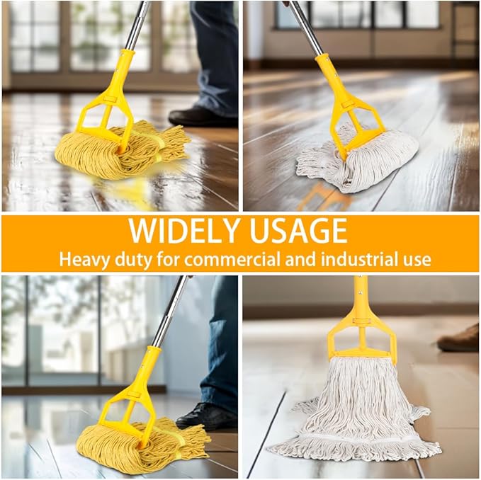 Wet String Mop for Floor Cleaning, Heavy Duty Mop with 2 Reusable Heads, Long Handle Industrial Cotton Mop for Restaurant Home Garage Office Patio Warehouse (Yellow)