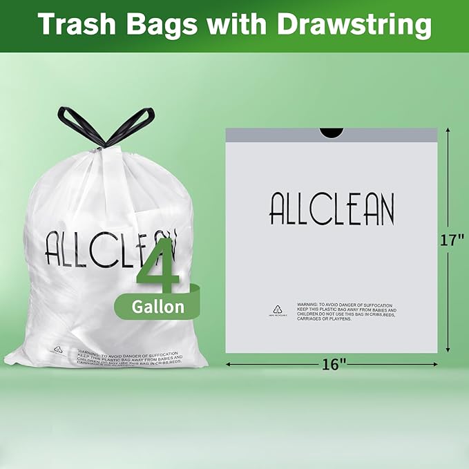 Trash Bags 4 Gallon Small Kitchen Drawstring Bathroom Garbage Bags, Fit 2-4 Gal Bins,Extra Strong&Leak-Proof,Unscented&Recyclable Trash Can Liners for Bathroom Home Office Bedroom Lawn