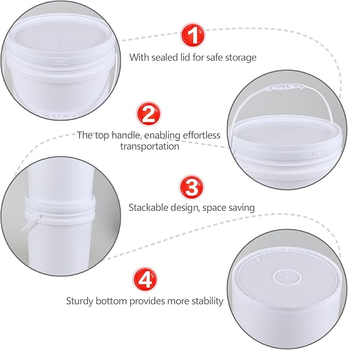 Anbers 7 Gallon Food Grade Buckets with Seal Lids, 4-Pack Round Plastic Bucket Pail with Handle, White