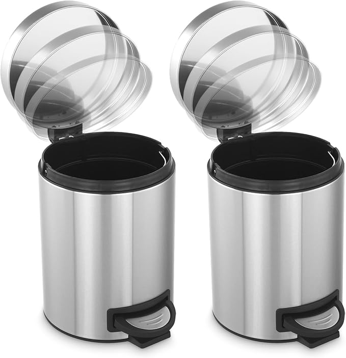 Trash Can with Lid 2PC - 5Liter/1.3 Gallon Stainless Steel Trash Can with Odor Protection Kitchen Garbage cans with Soft-Close Foot Pedal for Bathroom Home Office(2pc)