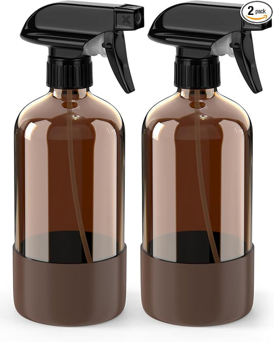 Glass Spray Bottle with Silicone Sleeve Protection, Amber Glass Spray Bottle Set for Window Cleaner Aromatherapy Facial Hydration Watering Flowers Hair Care 2 Pack/16 oz (Brown, 16 oz)