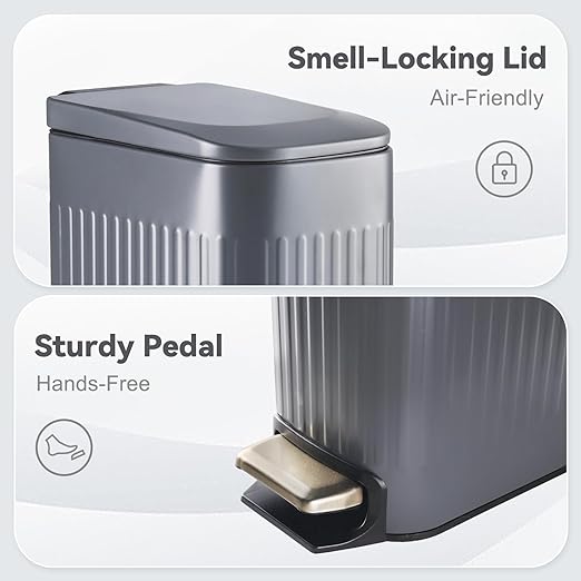 Slim Bathroom Trash Can with Lid Soft Close, Stainless Steel Garbage Can Step Trash Bin with Removable Inner Bucket for Bedroom, Office, Kitchen (Matt Grey, 1.8 Gallons)