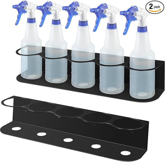 Therwen 2 Pcs 5 Holes All Purpose Steel Spray Bottle Holder Heavy Duty Spray Can Holder Rack Organizer Easy Install Wall Mount Paint Bottle Organizer Storage Rack for Garage Home Workspace(Black)