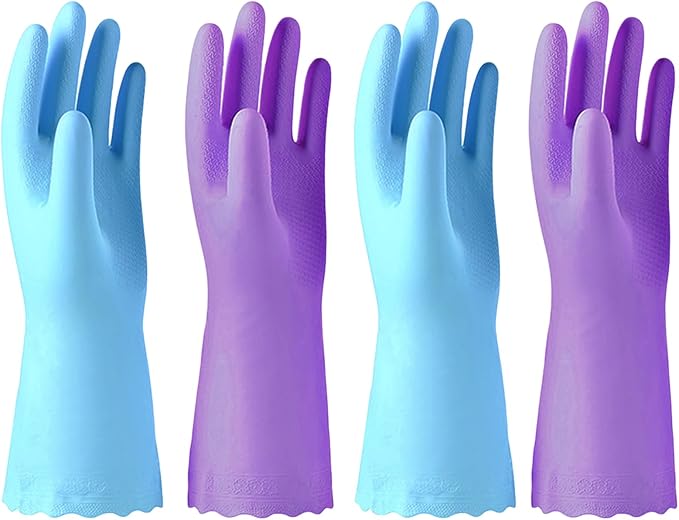 Alimat PluS 4PCS Reusable Cleaning Gloves Latex Free, Dishwashing Gloves with Cotton Flock Liner and Embossed Palm, Waterproof Household Rubber Gloves for Laundry, Gardening(Medium, Blue+Purple)