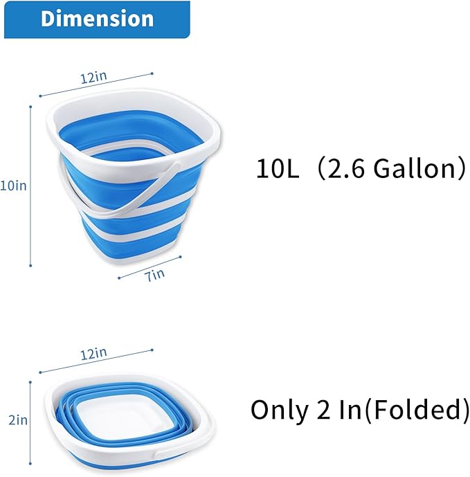 2 Pack Collapsible Buckets 10L 2.6 Gallon Cleaning Bucket Mop Bucket Folding Foldable Portable Small Plastic Water Supplies for Outdoor Garden Camping Fishing Car Wash Space Saving Square Grey Blue