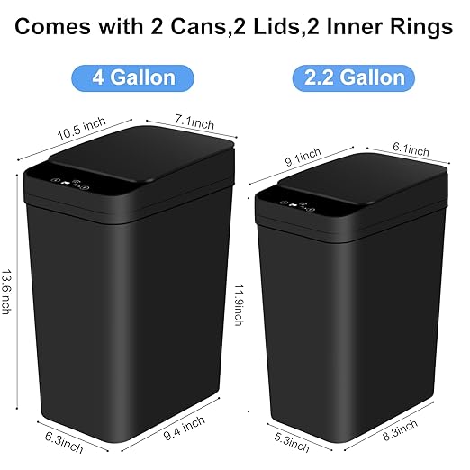 Bathroom Automatic Trash Can 2 Pack 2.2 Gal & 4 Gal Touchless Motion Sensor Small Garbage Can with Lid Smart Electric Narrow Garbage Bin for Bedroom Office Kitchen (Black)