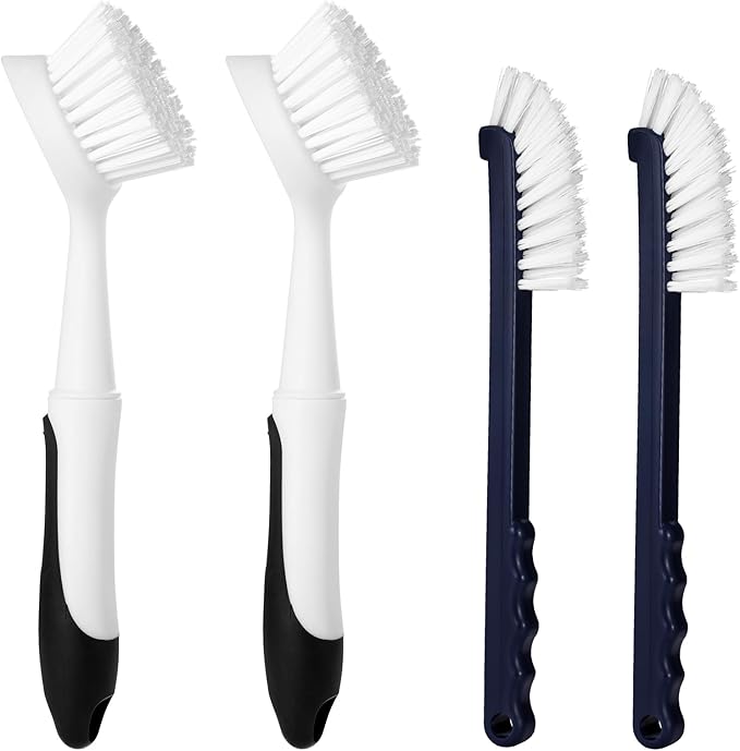 Dish Brush with Handle, 2 Pack Dish Scrub Brush with Built-in Scraper and 2 Pack Grout Brush, Kitchen Brushes for Dishes,Pots, Pans and Sinks