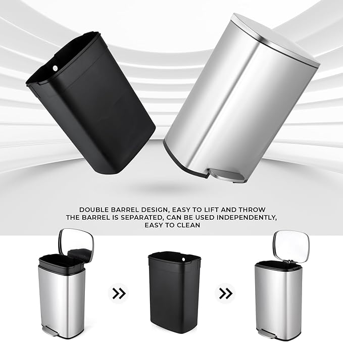 8 Gal Kitchen Trash Can, 30L Recycling or Garbage Bin, Brushed Stainless Steel Waste Basket, Soft&Quiet Close Dustbin, with Step-On Pedal, Removable Inner Bucket, for Home, Office, LIving Room