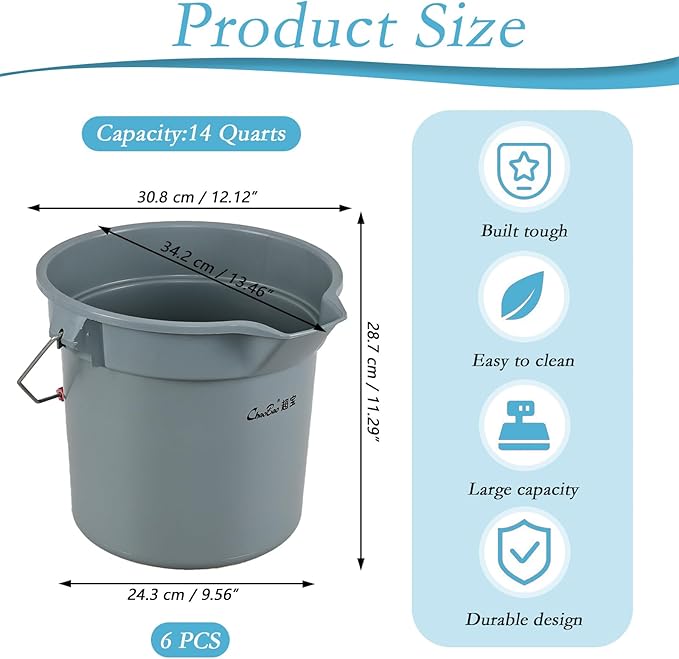6 Pcs 3.5 Gallon Bucket for Cleaning, Plastic Heavy Duty Clean Bucket with Handle and Spout, Industrial Storage Container (Grey)