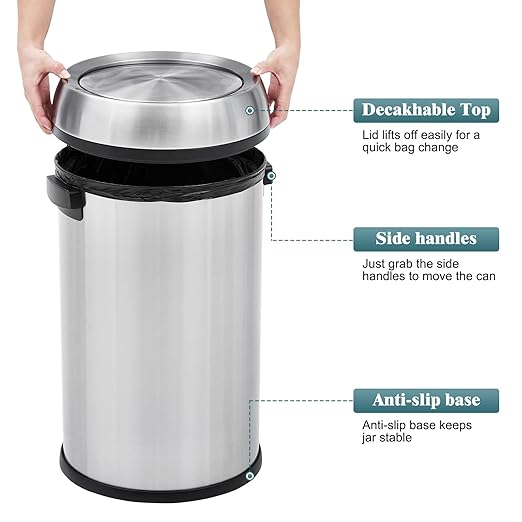 Garvee 17 Gallon Trash Can, Fingerprint-Proof Stainless Steel Swing Top Garbage Can, Heavy Duty Commercial Round Trash Bin with Swing Lid for Restaurant, Home, Office, Silver