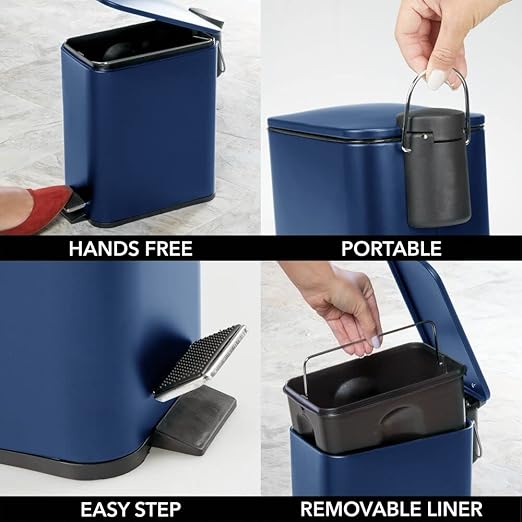 mDesign Rectangular Pedal Bin – 5 L Metal Waste Bin with Pedal, Lid and Plastic Bucket Insert – Household Rubbish Bin for Bathroom, Kitchen and Office – Navy