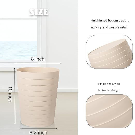UUJOLY Small Bathroom Trash Can Wastebasket, Plastic Garbage Bin Container Basket for Bathrooms, Laundry Room, Kitchens, Offices, Kids Rooms, Dorms, Beige, 1.8 Gallon/2 Pack