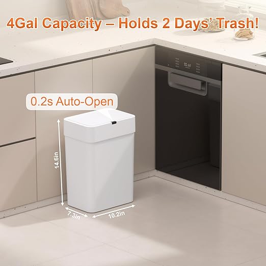 4Gallon Motion Sensor Trash Cans,Bathroom Trash Can with Lid,IPX5 Waterproof for Kitchen/Bedroom/Office, Slim Space-Saving Odor-Proof Bin with 0.2s Silent Lid