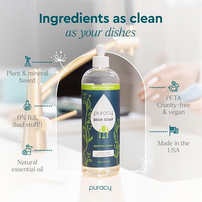 Puracy Natural Dish Soap - Skin-Softening Plant-Based Dishwashing Soap, Non-Toxic Dish Soap, Organic Liquid Dishwashing Detergent Soap (Green Tea & Lime, 16 fl oz)