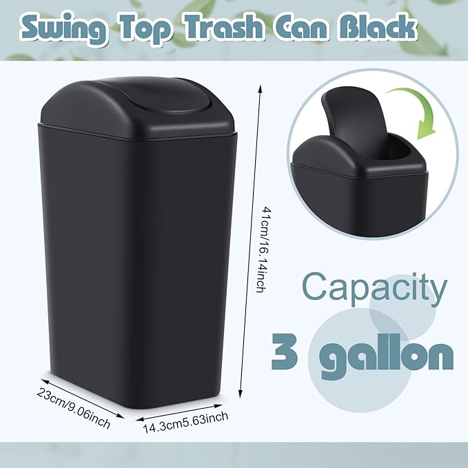 Hoolerry 6 Pcs 3 Gallon/12 Liter Small Trash Can Plastic Kitchen Garbage with Lid Small Trash Bin for Bathroom Office Bedroom Kitchen Waste Outdoor (Black)