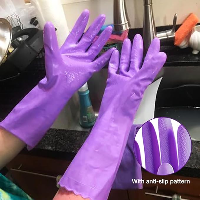 Alimat PluS 4PCS Reusable Cleaning Gloves Latex Free, Dishwashing Gloves with Cotton Flock Liner and Embossed Palm, Waterproof Household Rubber Gloves for Laundry, Gardening(Large, Blue+Purple)
