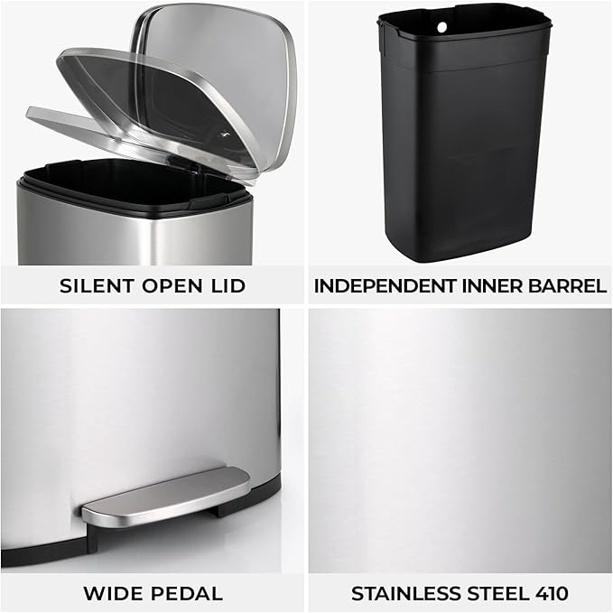 13.2 Gal Kitchen Trash Can, 50L Recycling or Garbage Bin, Brushed Stainless Steel Waste Basket, Soft&Quiet Close Dustbin, with Step-On Pedal, Removable Inner Bucket, for Home, Office, LIving Room