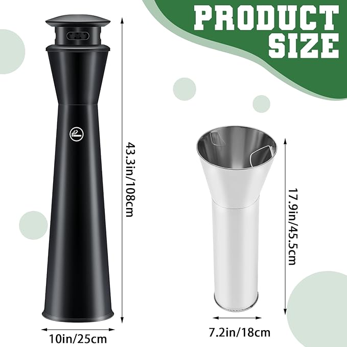 Steel Ash Receptacle Outdoor Trash Can with Lid, 43" Height, Black, Standing Ash Bin with Removable Inner Bucket Vertical Trash Container for Outside Home Backyard Patio Office Hotel