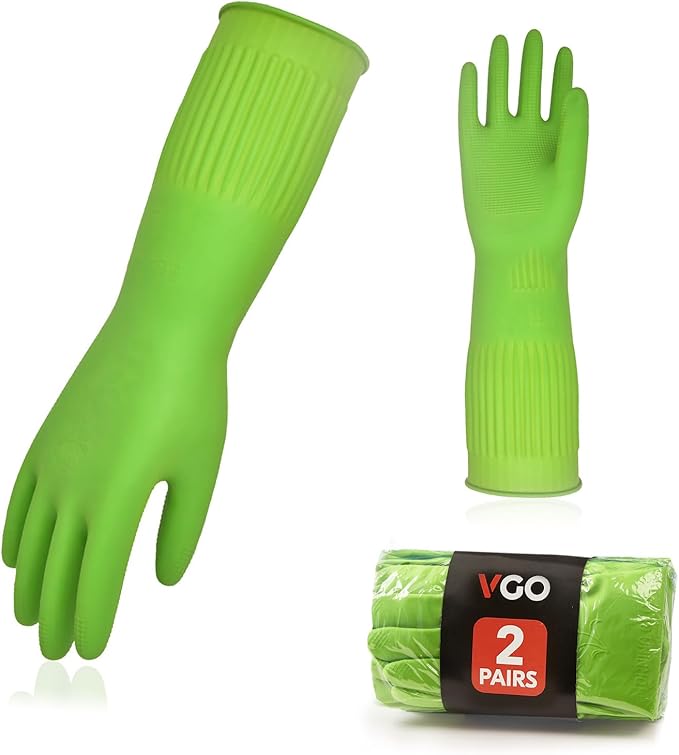 Vgo 2-Pairs Dishwashing Gloves, Reusable Household Gloves, Long Sleeve, Thick Latex, Cleaning, Washing, Working, Painting, Gardening, Pet Care (Size S, Green, RB2143)