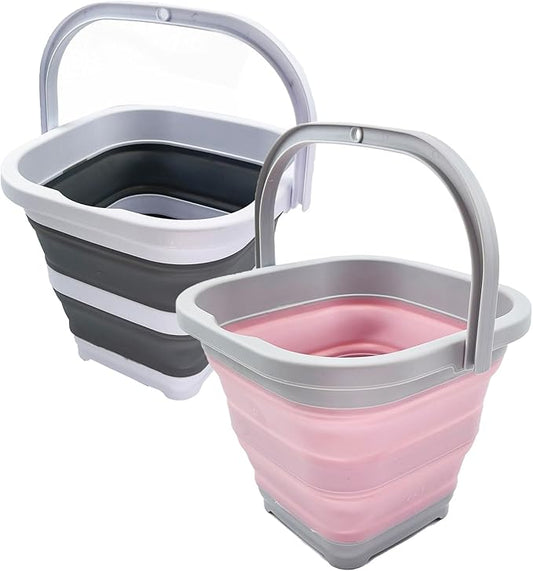 SAMMART Collapsible Rectangular Cleaning Bucket 5L (1.3 Gallon)- Foldable Camping Beach Sand Water Pot Pail- Portable Space Saving Tub for Household, Outdoor Car Washing (Grey + Pale Pink (Set of 2))