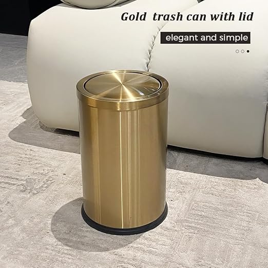 2.4 Gallon Brush Gold Bathroom Trash can with Lid, Modern, Luxury Garbage Can, Wastebasket for Bedroom Office Hotel (Gold Single Layer)