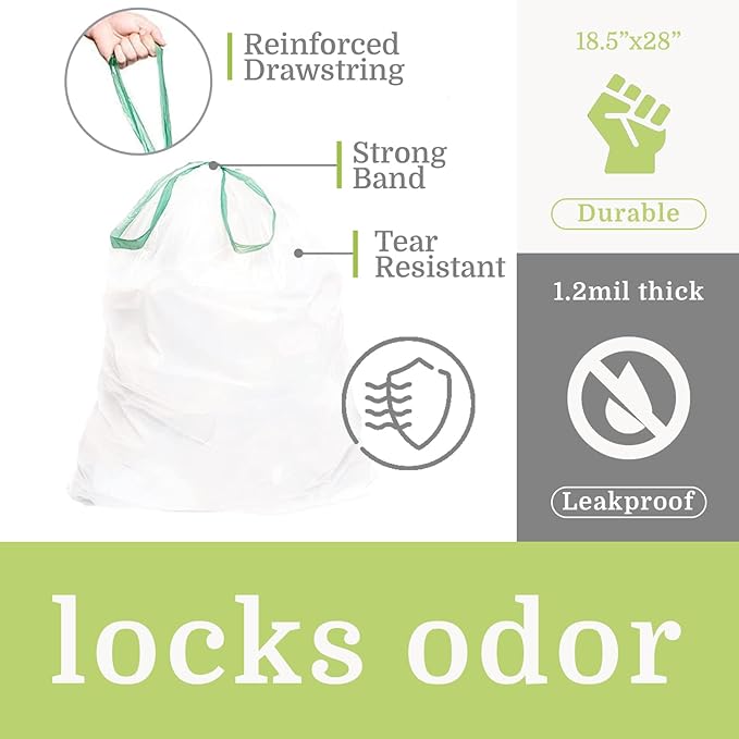 Compatible with Simplehuman Code H 200 Count, Eco-Friendly, White Drawstring Trash Bags Made in the USA with 70% CERTIFIED Post Consumer Material (Code H)