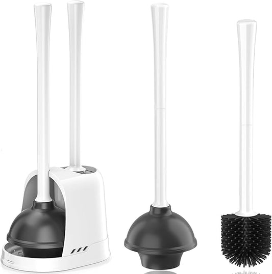 Toilet Plunger and Brush, Silicone Bowl Brush and Heavy Duty Toilet Plunger Set with Ventilated Holder, 2-in-1 Toilet Brush and Plunger Combo for 5.3-inch Bathroom Cleaning (White, 1 Set)