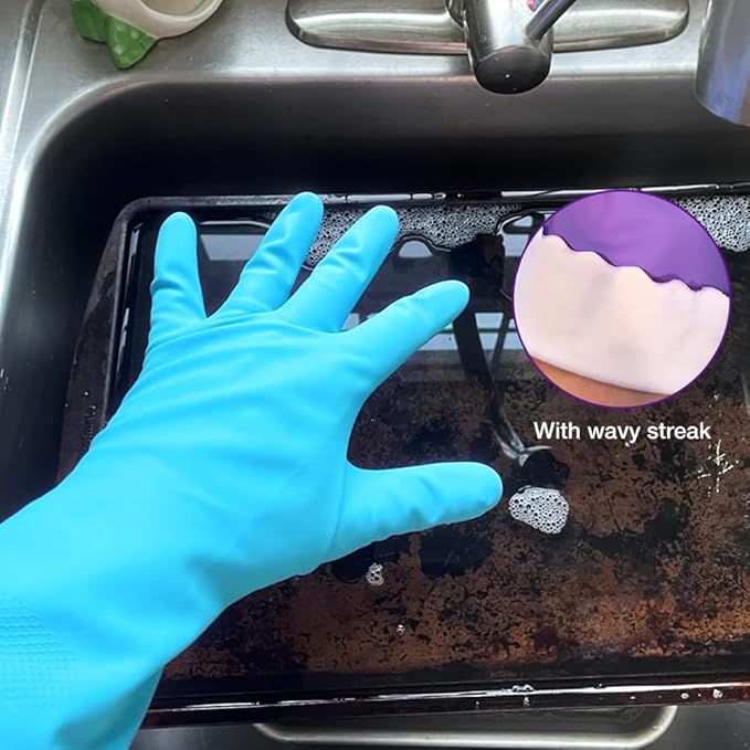 Alimat PluS 4PCS Reusable Cleaning Gloves Latex Free, Dishwashing Gloves with Cotton Flock Liner and Embossed Palm, Waterproof Household Rubber Gloves for Laundry, Gardening(Medium, Blue+Purple)