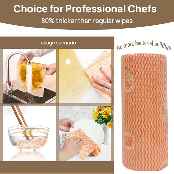 Lazy Cleaning Cloths, Multipurpose Kitchen Towels, Reusable Dish Rags, Dry/Wet Use for Dishware, Countertops, Stove, Camping, RVs, (9.45"*11.81") 55 Tearable Sheets/Roll (Orange)