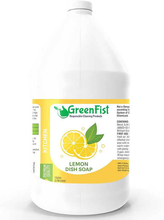 GreenFist Dish Soap Professional Detergent Liquid Pot & Pan Dish-Wash - Light or Heavy Use (Lemon, 1 Gallon)