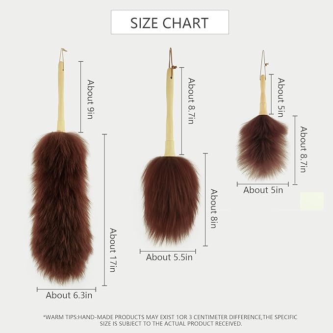 Lambs Wool Duster for Cleaning Window Blinds Computer Furniture TV Computer Screens Bookshelves Solid Wooden Handle Natural Feather Duster,26'', Brown