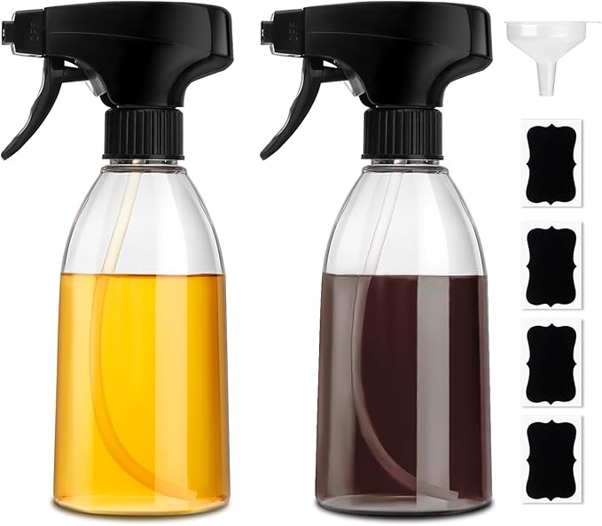 GMISUN Oil Sprayer for Cooking, 2 Pack Olive Oil Spray Bottle, 10 fl oz Food-Grade Plastic Oil Spritzer Mister, Refillable Oil Dispenser Bottle for Salad, BBQ, Grilling, Kitchen Baking, Roasting