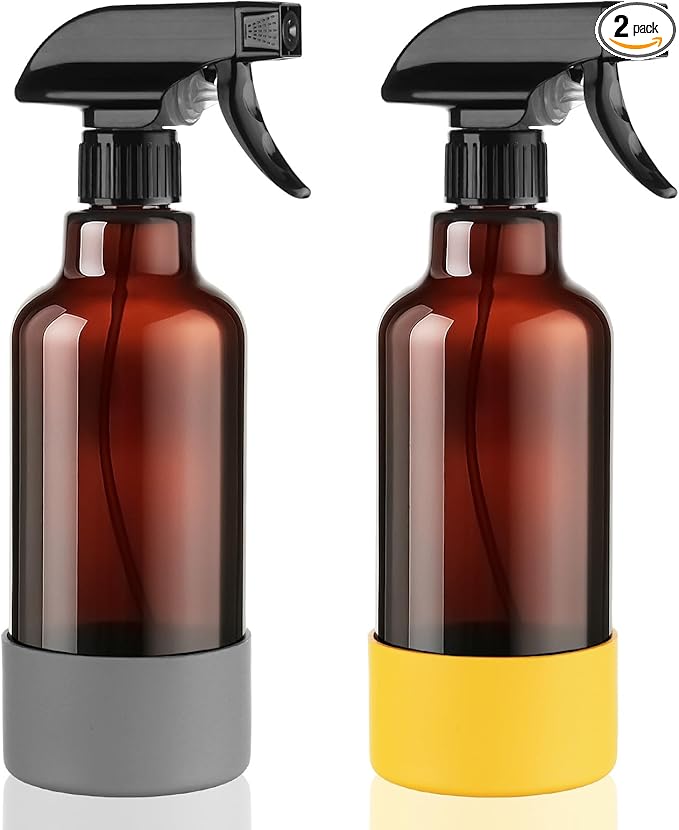 Glass Spray Bottles with Silicone Sleeve 16.9oz 2 Pack Empty Spray Bottle for Hair Mist/Stream Spraying for Cleaning Solutions, Plants, Essential Oils (Brown-grey&yellow)