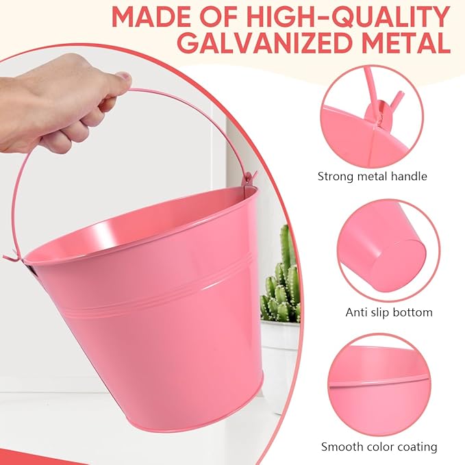 OBTANIM 7 Pack Pink Metal Buckets with Handle Galvanized Ice Pails for Plants, Succulents, Party Favors Organizing, Rustic Home Decor or Classrooms Pencil Storage (9.1 x 6.7 inch)