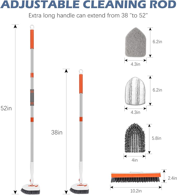 SetSail 4-in-1 Tile Tub Floor Scrubber with 52-inch Adjustable Long Handle Shower Cleaner Brush with V-Shaped Grout Brush and 3 Replacement Brush Heads for Cleaning Bathroom Kitchen Walls Tub Tile