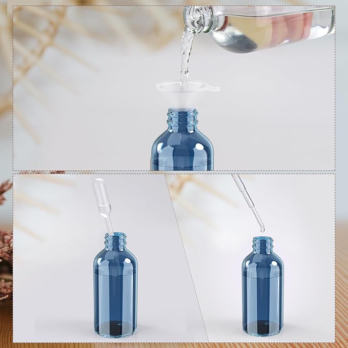 Wedama 4 oz Mini Glass Spray Bottles, Empty Small Spray Bottles with Funnel Dropper, Fine Mist for Hair, Travel, Plants, Cleaning Solutions and Skin Care (4 Pack Indigo Blue)