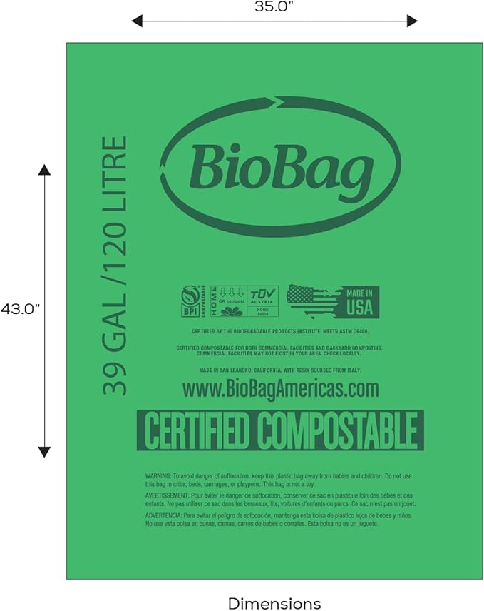 BioBag (USA) The Original Compostable Bag, 39 Gallon, 120 Count, 100% Certified Compostable Trash Bag Liners for Food Waste, Extra Strong and Durable, Trash Bag