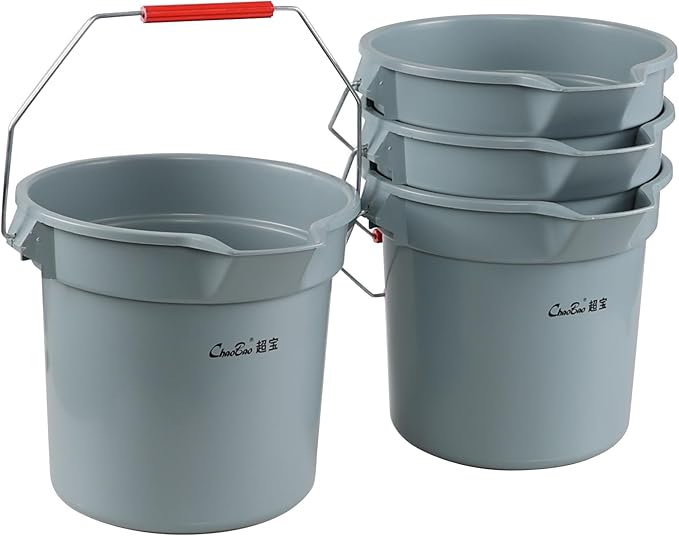 4-Pack 3.5 Gallon Industrial Round Utility Pail, 14 Quart Plastic Car Wash Bucket with Handle, Gray