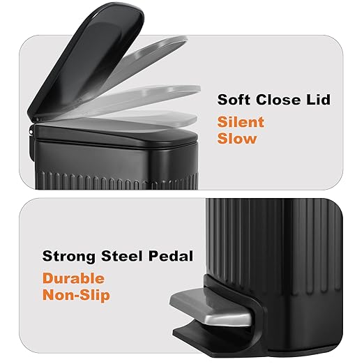 TrashAid Small Black Bathroom Trash Can with Lid Soft Close, 6 Liter / 1.6 Gallon, Stainless Steel Garbage Can with Removable Inner Bucket, Step Pedal, Slim Wastebasket for Toilet, Office, Bedroom