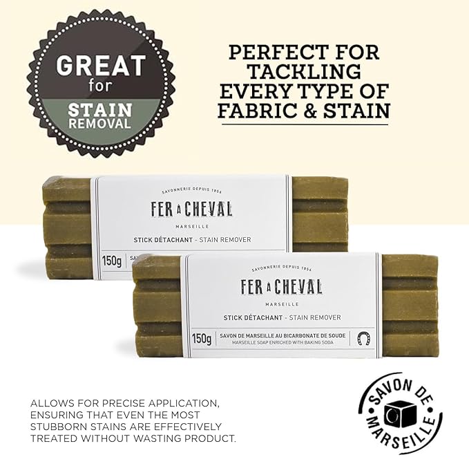 Fer à Cheval Marseille Soap Stain Remover Stick 2 Pack - Natural, Hypoallergenic, Travel-Sized Laundry Solution, 150g/5.29oz (Stick with Baking Soda)