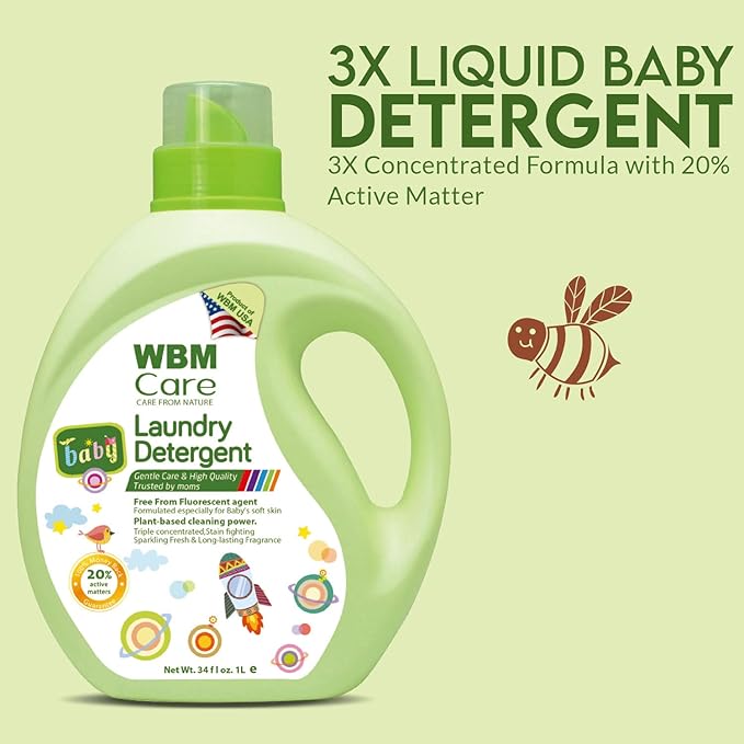 WBM Plant-Based Laundry Detergent Liquid – 34 fl oz, 50 loads total. Eco-friendly formula for powerful cleaning, gentle on fabrics, and safe for the environment