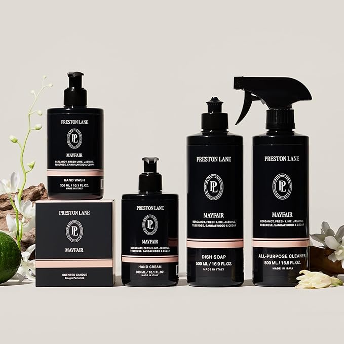 Preston Lane Signature Set, Includes All Purpose Cleaner, Dish Soap, Hand Wash, Hand Cream, & Scented Candle, Mayfair