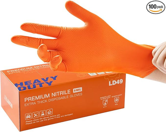 LANON 8mil Orange Disposable Nitrile Gloves, Mechanic, Heavy Duty, Food Safe, Latex Free, Powder Free, Fully-Diamond Textured, Medium