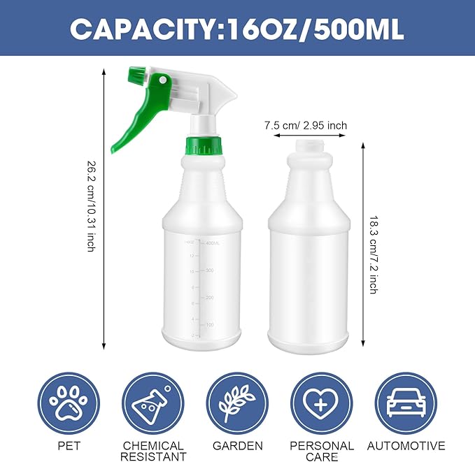 Eccliy 20 Pack 16oz Empty Spray Bottles, Leakproof Cleaning Bottles with Measurement and Adjustable Nozzle for Housekeeping, Commercial Use(Cylinder,Green White New Spray Head)