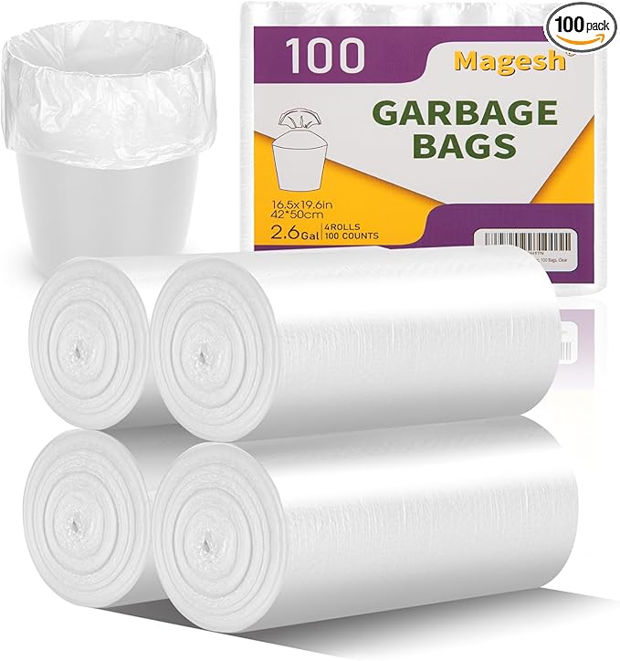 2.6 Gallon Small Trash Bags, Magesh 2.6 Gallon Trash Bag Strong, Leakage-Free, Small Garbage Bags Unscented Thick for Bathroom, Office, Kitchen Mini Trash Can, 100 Bags, Clear