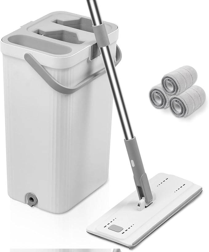 Flat Mop and Bucket with Wringer Set, Hands-Free Floor Mop and Bucket with 3 Reusable Washable Microfiber Pads and 66" Stainless Steel Handle, Wet and Dry Use for Home Floor Cleaning
